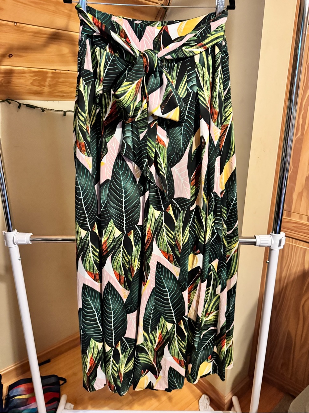 Gracia Tropical Leaf Tie-Waist Maxi Sarong in Green, Pink, Yellow